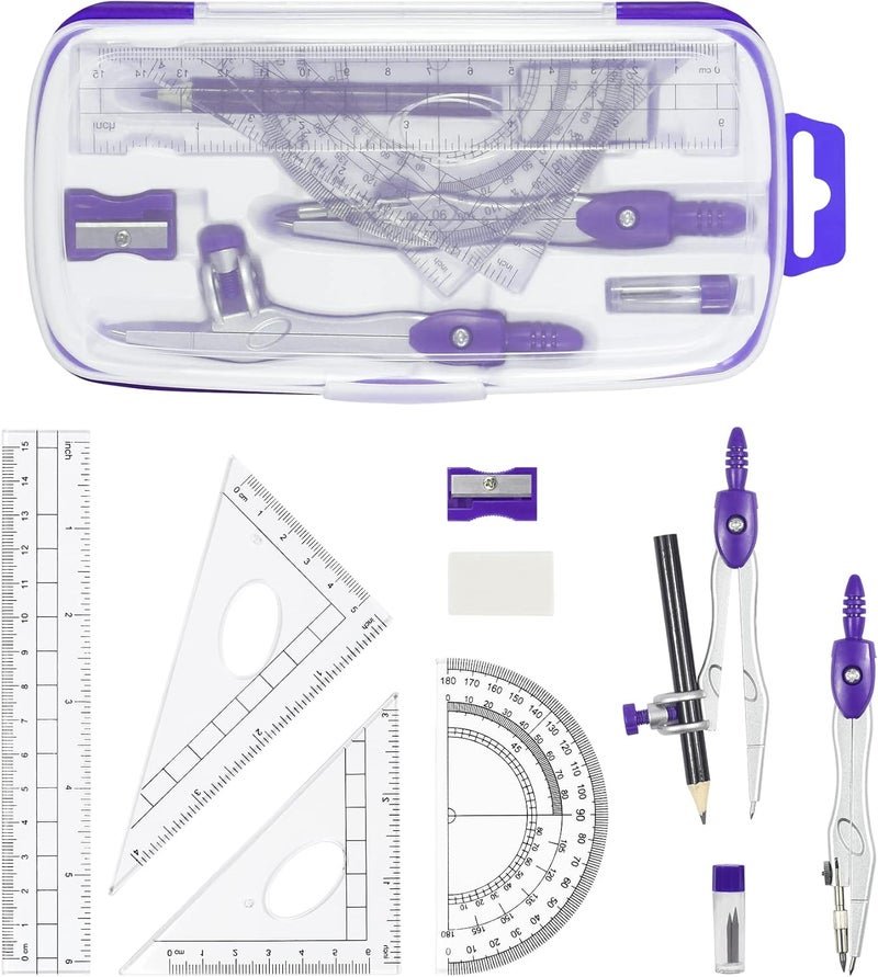 Vobou Math Geometry Kit Sets 10 Piece Student Supplies with Shatterproof Storage Box,Includes Rulers,Protractor,Compass,Eraser,Pencil Sharpener,Lead Refills,Pencil,for Drafting（Purple） - Image 2
